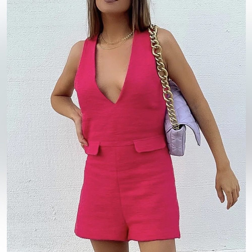 Zara Fuchsia Hot Pink Tweed Textured Jumpsuit Romper Barbiecore